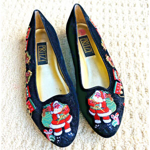Vintage Pritzi Christmas Holiday Flats Dressy Shoes Black Velvet & Embroidery 7M